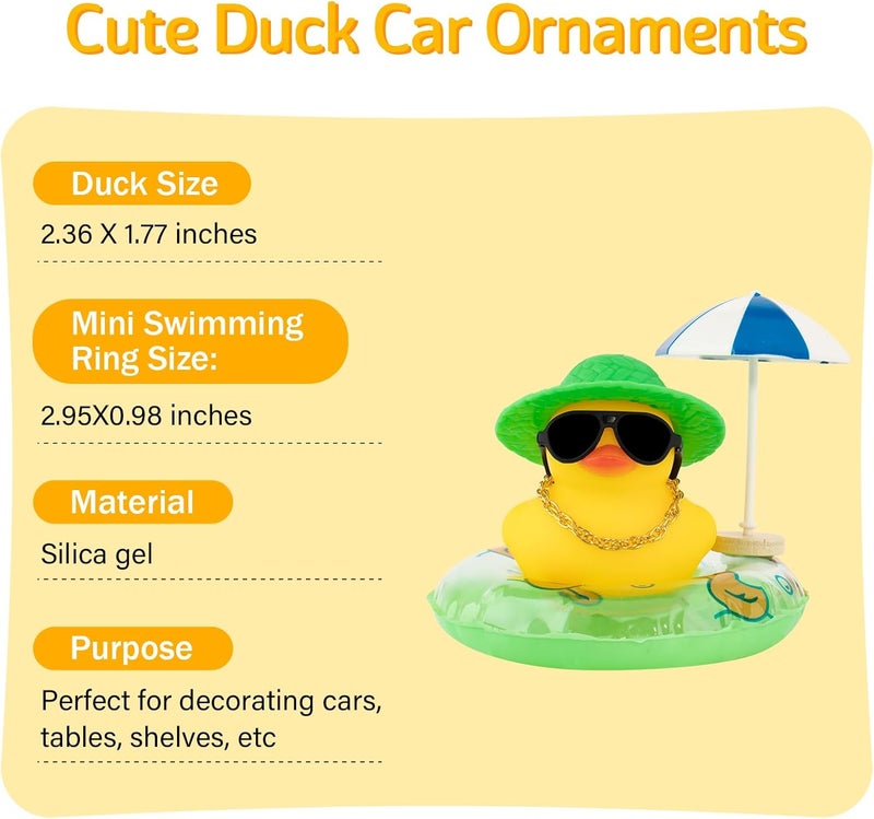 wonuu Rubber Duck Car Ornaments Duck Car Dashboard Decorations for Cute Car Accessories with Straw Hat Necklace Sun Umbrella and Sunglasses, Green - Image 2